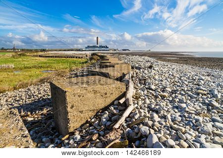 Anti Tank Cubes, Stone World War Two Invasion Defences, Power Station In Distance