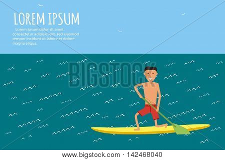 Male surfer riding on waves in the sea. Surfing character. Cute surfer. Vector illustration in flat. Summer vacation background