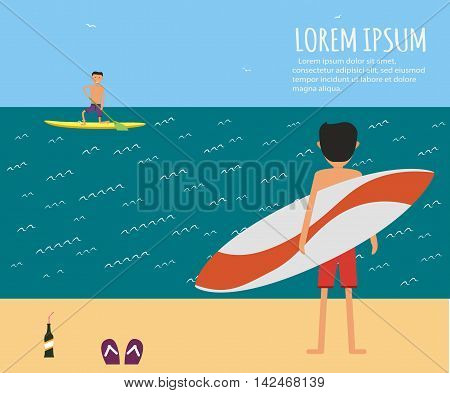Male surfer riding on waves in the sea. Surfing character. Cute surfer. Vector illustration in flat. Summer vacation background