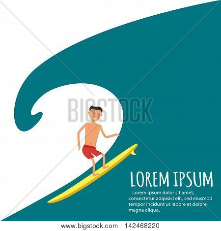 Male surfer riding on waves in the sea. A surfer catches a huge wave. Surfing character. Cute surfer. Vector illustration in flat. Summer vacation background