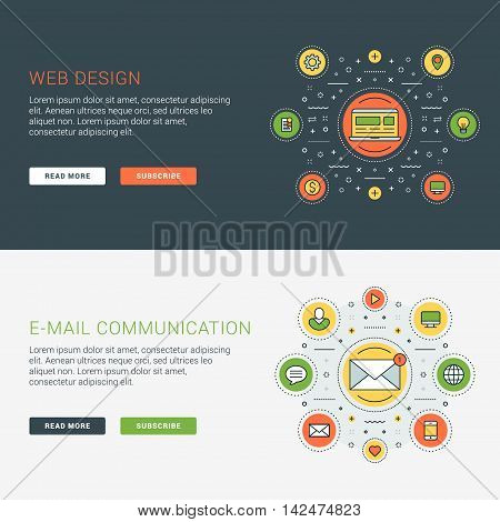 Set Of Flat Line Business Website Banner Templates. Vector Illustration. Modern Thin Line Icons In C