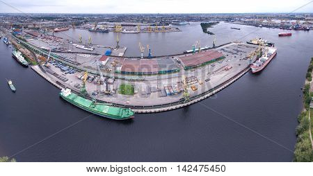 Aerial panoramic view of Kanonerskiy island in Saint-Petersburg, Russia with new high beltway