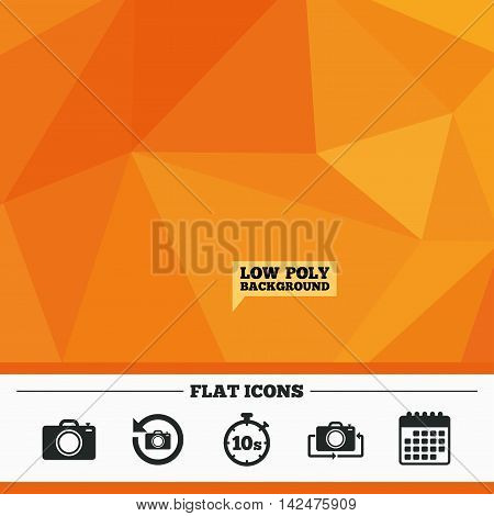 Triangular low poly orange background. Photo camera icon. Flip turn or refresh symbols. Stopwatch timer 10 seconds sign. Calendar flat icon. Vector