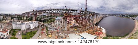 Aerial panoramic view of Kanonerskiy island in Saint-Petersburg, Russia with new high beltway
