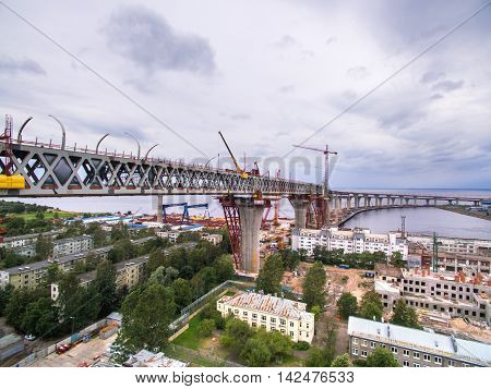 Aerial view of Kanonerskiy island in Saint-Petersburg, Russia with new high beltway