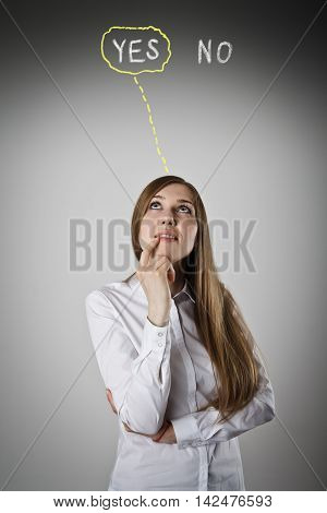 Woman in white is full of doubts and hesitation. Yep concept.