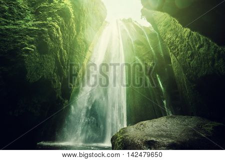  Gljufrabui waterfalls inside a cave, Iceland