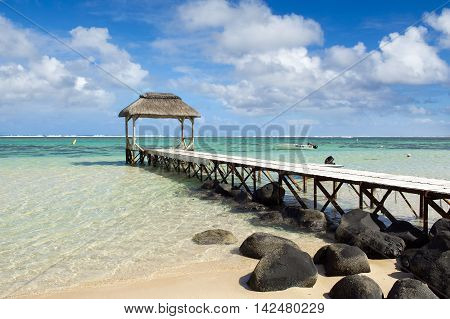 BEL OMBRE, MAURITIUS ISLAND - JUNE 16, 2016: Beautiful rocky beach in Bel Ombre, Mauritius island, June 16, 2016
