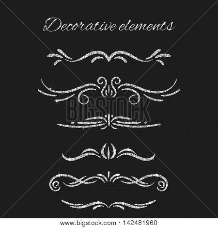 Silver text dividers set. Ornamental decorative elements. Vector ornate design. Silvery flourishes. Shiny decorative hand drawn borders with glitter effect. Calligraphic decorations with sparkles.