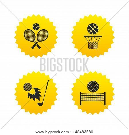 Tennis rackets with ball. Basketball basket. Volleyball net with ball. Golf fireball sign. Sport icons. Yellow stars labels with flat icons. Vector