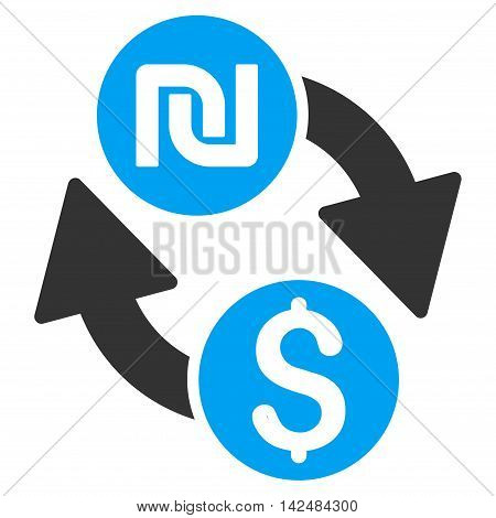 Dollar Shekel Exchange icon. Vector style is bicolor flat iconic symbol with rounded angles, blue and gray colors, white background.