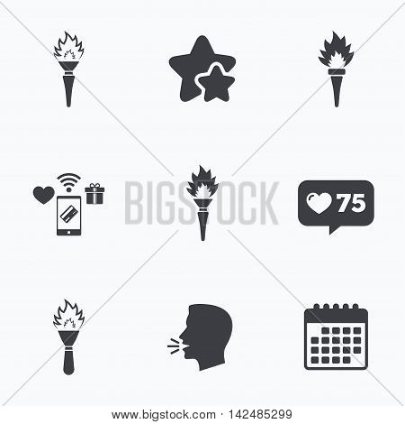 Torch flame icons. Fire flaming symbols. Hand tool which provides light or heat. Flat talking head, calendar icons. Stars, like counter icons. Vector