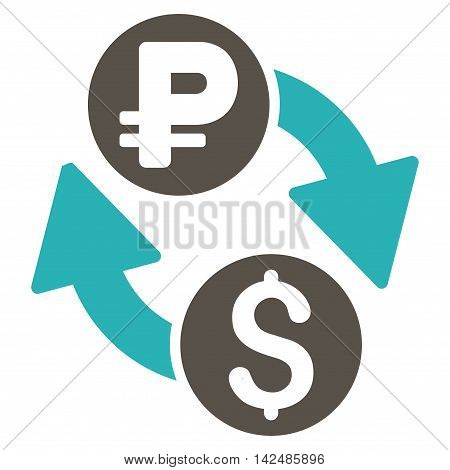 Dollar Rouble Exchange icon. Glyph style is bicolor flat iconic symbol with rounded angles, grey and cyan colors, white background.