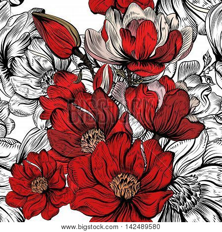 vector pattern with hand drawn magnolia flowers in red color