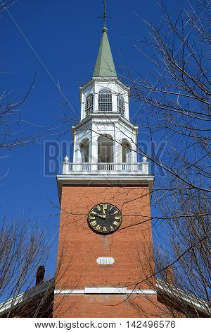 First Unitarian Church was built in 1816 at the head of Church Street as the oldest house of worship in Burlington, Vermont, USA