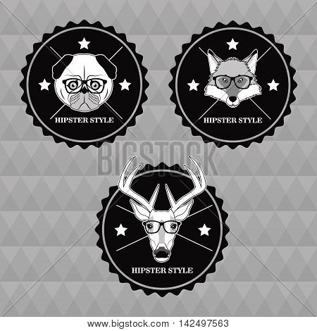 fox dog reindeer deer glasses seal stamps animal hipster style retro fashion icon.  Black white grey illustration Polygonal background
