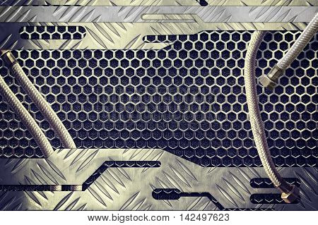 metal plate over comb grid or grille with metal pipe background