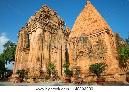 Ancient Cham towers temple complex Po Nagar closeup. Nha Trang Vietnam