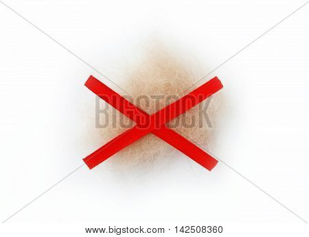 cat hair ball on white background crossed with red ribbons