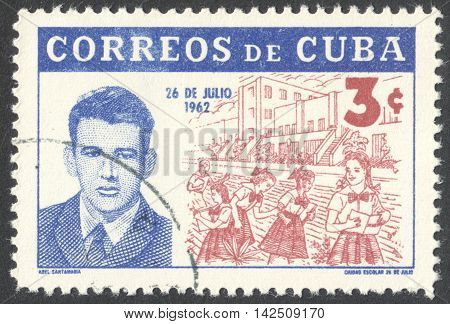 MOSCOW RUSSIA - CIRCA APRIL 2016: a post stamp printed in CUBA shows a portrait of Abel Santamaria the series 