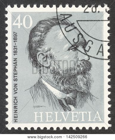 MOSCOW RUSSIA - CIRCA APRIL 2016: a post stamp printed in SWITZERLAND shows a portrait of Heinrich von Stephan the series 