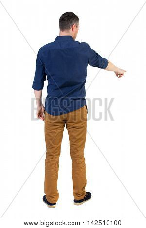 Back view of pointing business man.  Rear view people collection.  backside view of person.  Isolated over white background. a man in a blue shirt with the sleeves rolled up showing in the bottom