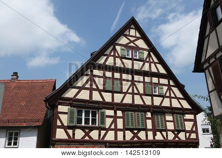 Traditional medieval half-timbered houses in Marbach am Neckar, Baden-Wurttemberg, Germany.