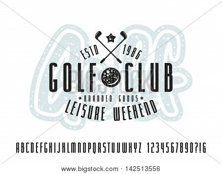 Narrow sanserif font and golf club label. Bold face. Print on white background