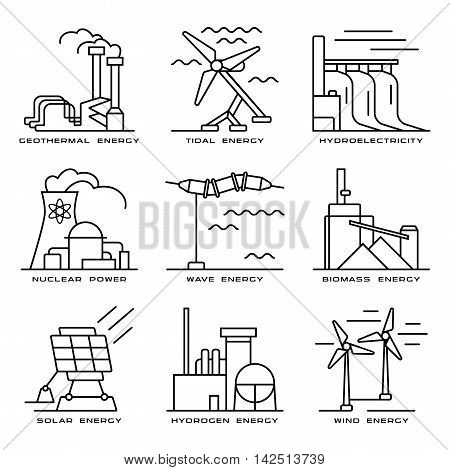 Vector Set Of Web Icons On Electricity Generation Plants And Sources