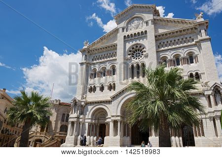 MONACO, MONACO - JUNE 17, 2015: Exterior of the Monaco Cathedral (Cathedrale de Monaco) in Monaco-Ville, Monaco. It's famous for the tombs of Princess Grace and Prince Rainier.