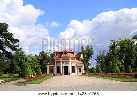 In the park from Mnichovo Hradiste castle Czech Republic is an orangery and a garden pavilion