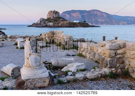 A little island Kastri near Kos island in the soft morning light, Dodecanese, Greece.