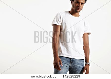 Dark Skinned Male Presenting Simple White T-shirt