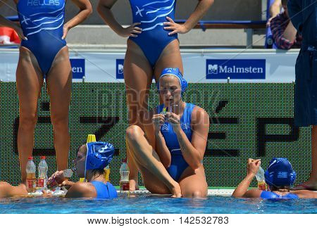Budapest Hungary - Jul 16 2014. The greek team in the break.The Waterpolo European Championship was held in Alfred Hajos Swimming Centre in 2014.