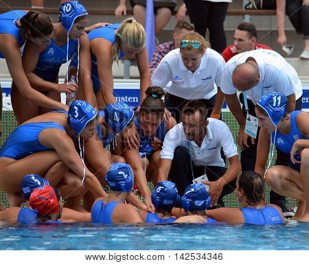 Budapest Hungary - Jul 16 2014. The greek team preparing for the battle-cry. The Waterpolo European Championship was held in Alfred Hajos Swimming Centre in 2014.
