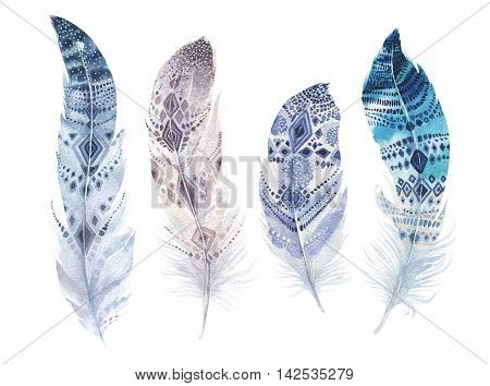 Hand drawn watercolor paintings vibrant feather set. Boho style wings. illustration isolated on white. Bird fly design for T-shirt invitation wedding card.Rustic Bright colors.