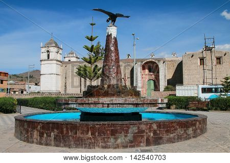 CABANACONDE PERU - JANUARY 14: Main square on January 14 2015 in Cabanaconde Peru. Cabanaconde is located near Colca Canyon and is a good starting point for hiking into the canyon