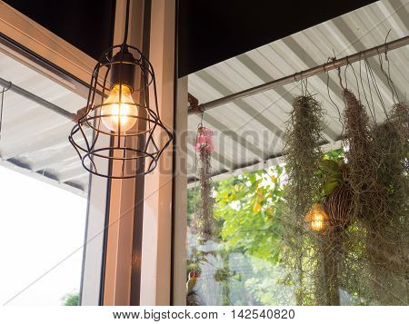 Edison's light bulb and lamp in modern style. Warm tone light bulb lamp. Lamps in coffee shop.