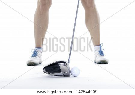 lady golfer in studio: ready for driving