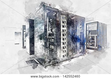 Server room. Digital watercolor painting. Digital art