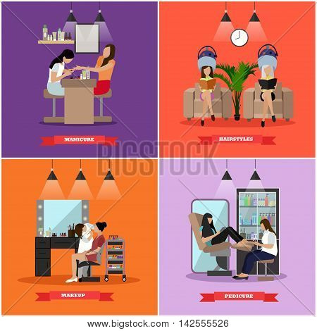 Beauty salon vector concept banners. Haircut, manicure and make up atelier. Women in beauty studio illustration in flat cartoon style.