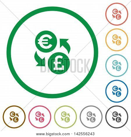 Set of Euro Pound exchange color round outlined flat icons on white background