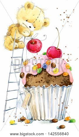 Cute teddy Bear. Background for greeting card. Watercolor bear illustration.