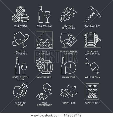 Thin line wine icons set isolated on dark background. Web graphics simple mono outline symbol collection.