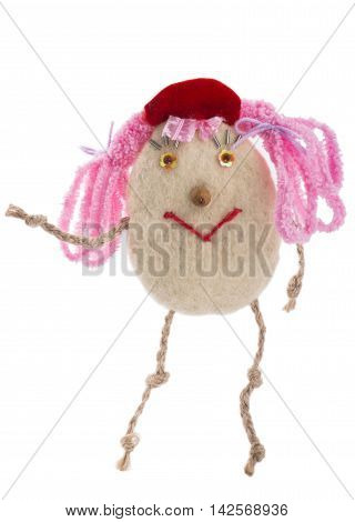 Suspension of felted wool in the form of a cheerful man on a white background