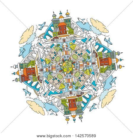Handdrawn doodle city mandala image. Decorative ornamental vector illustration in oriental style. Colorful bright concept. Useful for coloring book, poster or children book creative design