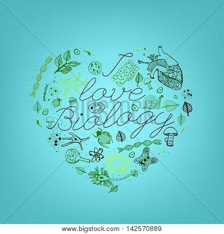 Hand drawn biology pattern with green llettering on a light blue background in a shape of heart. Editable vector illustration. Scientific typography. I love biology concept