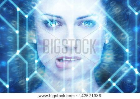 Sexy female robot bite lips portrait artificial intelligence