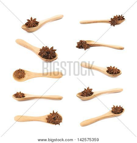 Chinese star anise seed served in a wooden spoon, composition isolated over the white background, set of ten different foreshortenings
