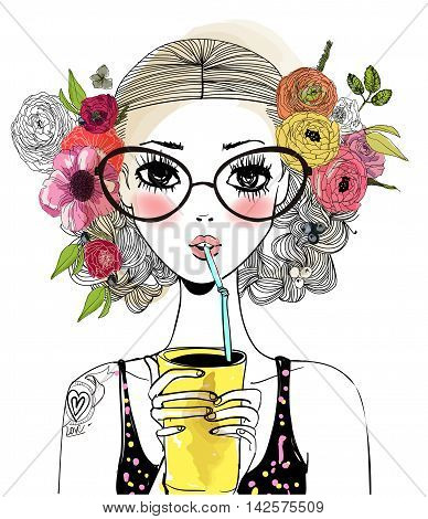 portrait of cute cool girl with floral wreath and drink